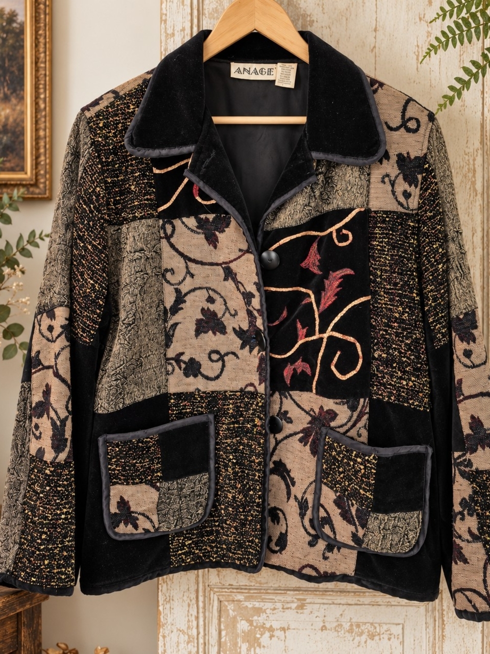 Vintage Anage L Patchwork Velvet Floral Wearable Art Boho Jacket